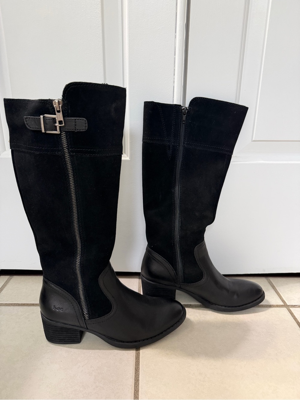 boc Black Leather & Suede Mid-Calf Heeled Boots with Buckle
